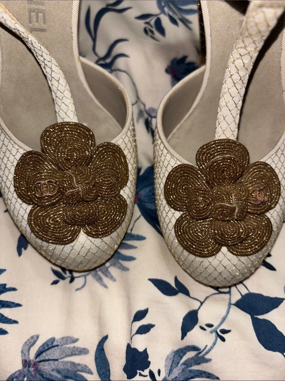 CHANEL Cream and Gold Camellia Ankle-Strap Heels